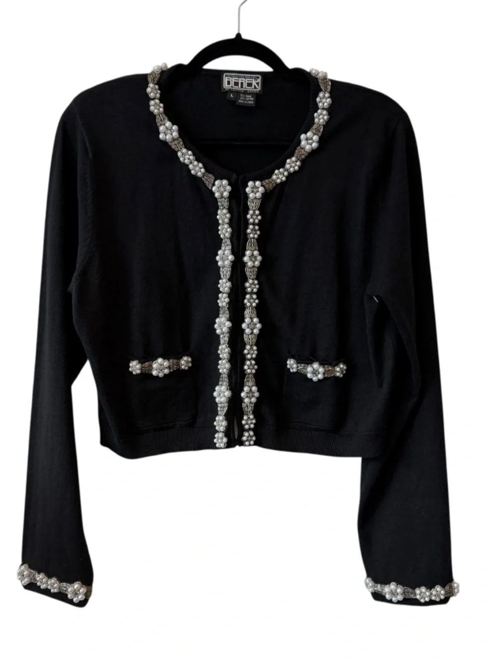 Vintage Berek Takako Sakon Cropped Black Cardigan with Pearls And Sequins Trim - Picture 15 of 16